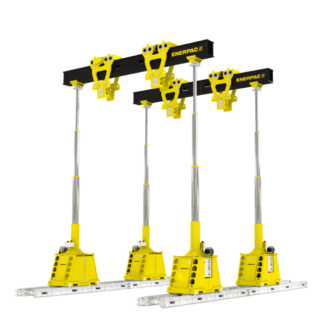 Suwnica mobilna Enerpac SL 400 z teleskopowymi kolumnami hydraulicznymi do podnoszenia i przemieszczania ciezkich maszyn przemyslowych. 