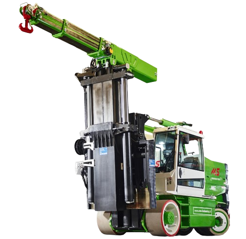 Urzadzenie mobilne JMG MC 250 FL z wysiegnikiem teleskopowym do transportu i montazu ciezkich elementow w halach przemyslowych. 